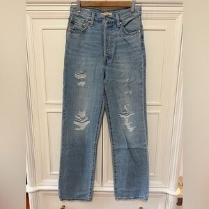 Levi Ribcage Straight Ankle Distressed Blue Jeans